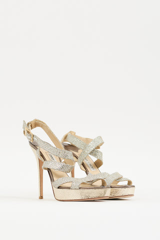 Jimmy Choo Silver 
Gold Glitter Vamp Strappy Platform Heel