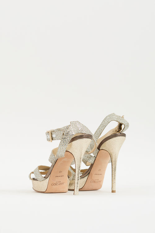 Jimmy Choo Silver 
Gold Glitter Vamp Strappy Platform Heel