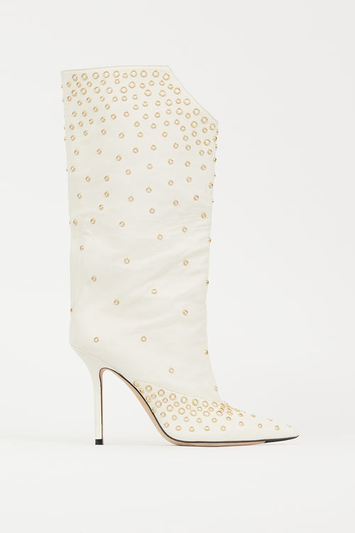 Jimmy Choo White 
Gold Leather Bryndis 100 Studded Boot