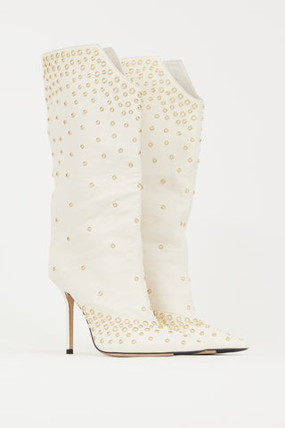 Jimmy Choo White 
Gold Leather Bryndis 100 Studded Boot