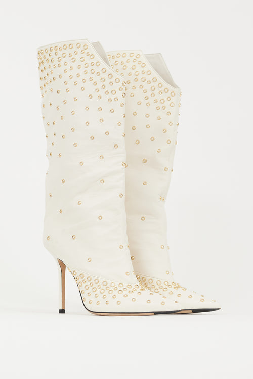 Jimmy Choo White 
Gold Leather Bryndis 100 Studded Boot