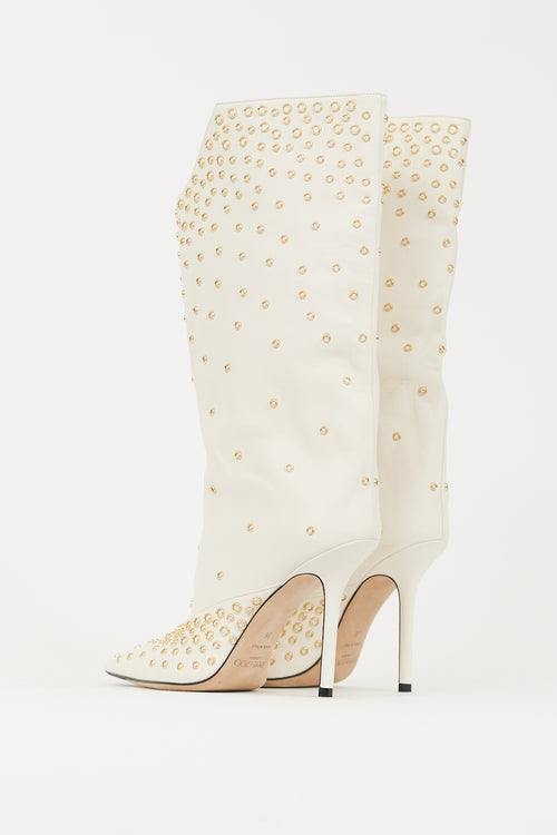 Jimmy Choo White 
Gold Leather Bryndis 100 Studded Boot