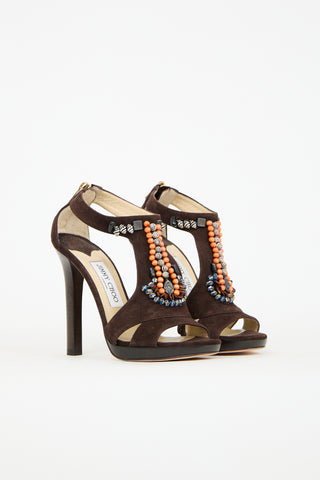 Jimmy Choo Brown Suede 
Multi Beaded Heel