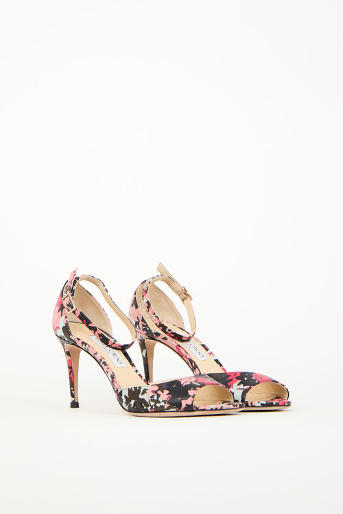 Jimmy Choo Pink 
Black Leather Floral Heel