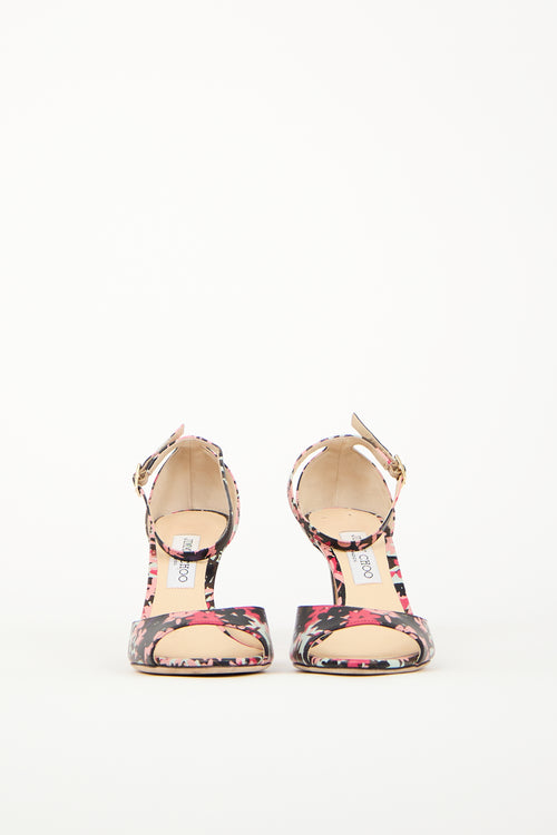 Jimmy Choo Pink 
Black Leather Floral Heel