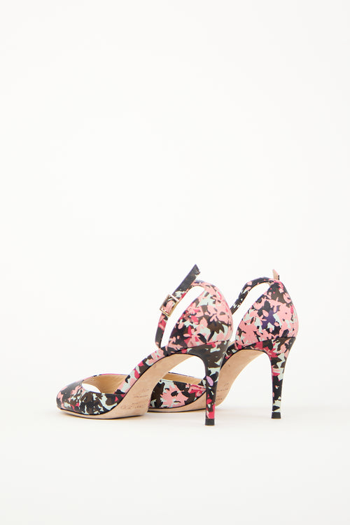 Jimmy Choo Pink 
Black Leather Floral Heel