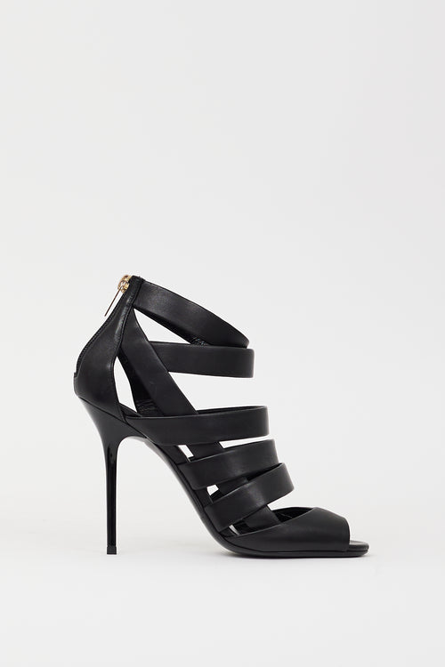 Jimmy Choo Black Leather Duran Caged Strappy Heel