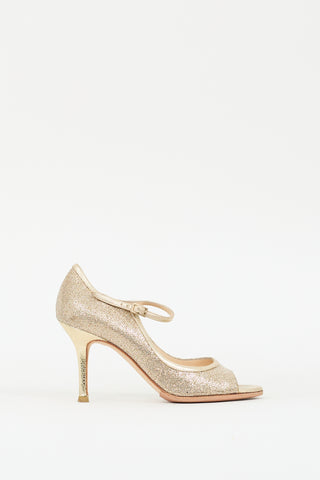 Jimmy Choo Gold Glitter 
Leather Peep Toe Pump