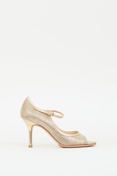 Jimmy Choo Gold Glitter 
Leather Peep Toe Pump