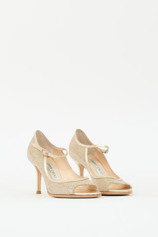 Jimmy Choo Gold Glitter 
Leather Peep Toe Pump