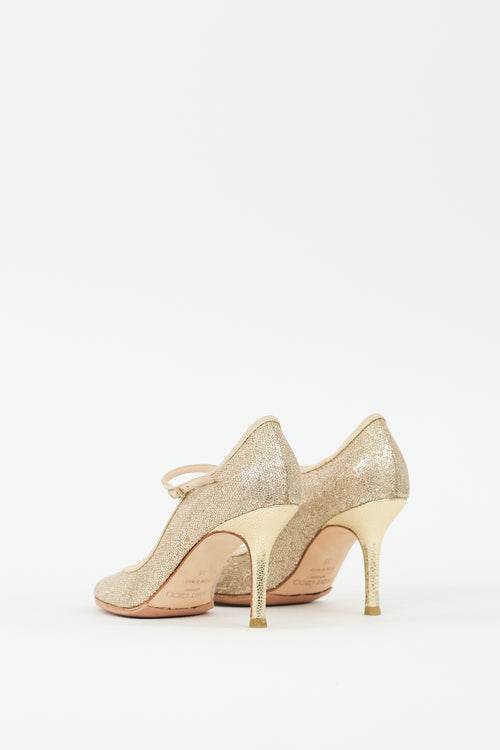 Jimmy Choo Gold Glitter 
Leather Peep Toe Pump