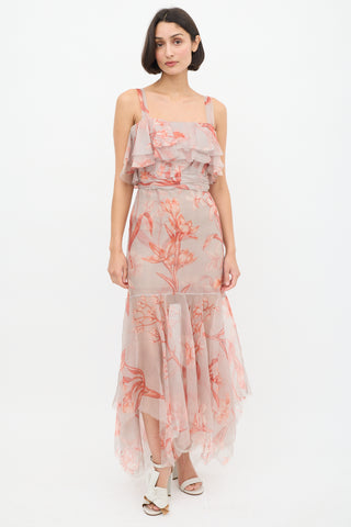 Johanna Ortiz Pink 
Light Blue Sheer Floral Flounce Dress