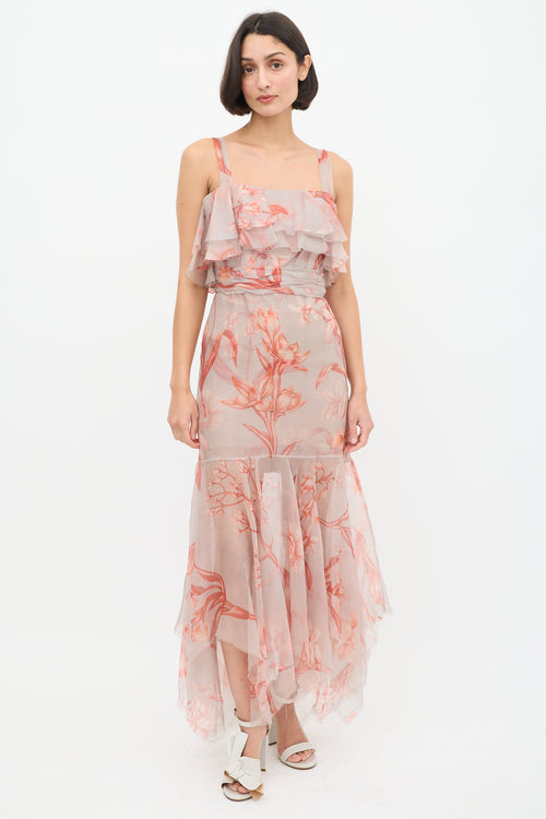 Johanna Ortiz Pink 
Light Blue Sheer Floral Flounce Dress