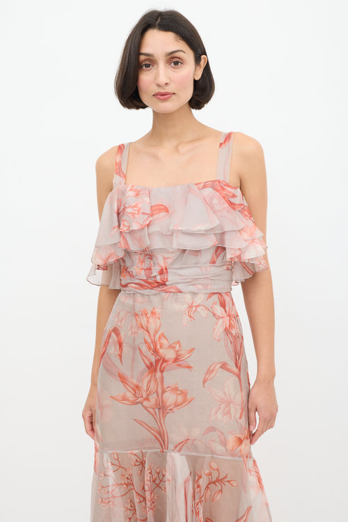 Johanna Ortiz Pink 
Light Blue Sheer Floral Flounce Dress