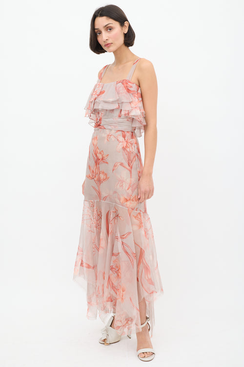 Johanna Ortiz Pink 
Light Blue Sheer Floral Flounce Dress