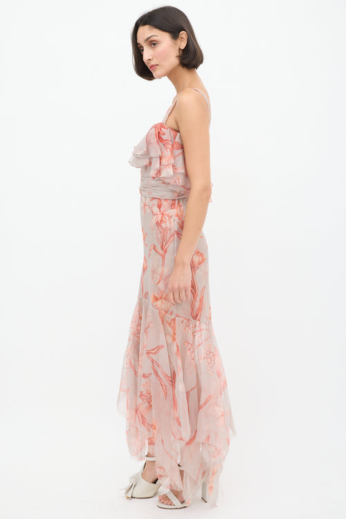 Johanna Ortiz Pink 
Light Blue Sheer Floral Flounce Dress