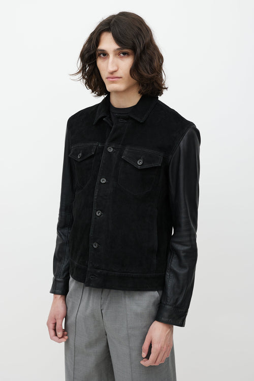 John Varvatos Black Leather Trucker Jacket