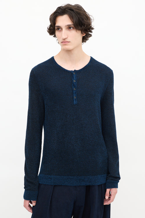 John Varvatos Navy Wool Chenille Knit Button Up Top