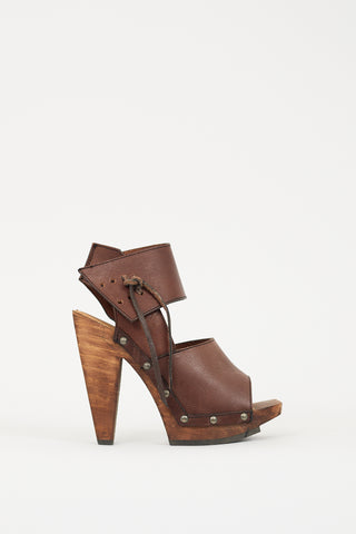 John Fluevog Brown Leather 
Wood Rahab Platform Heel