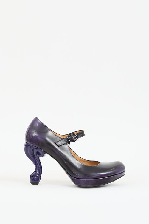 John Fluevog Purple 
Black Leather Elizabeth Mary Jane Pump