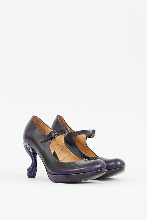 John Fluevog Purple 
Black Leather Elizabeth Mary Jane Pump