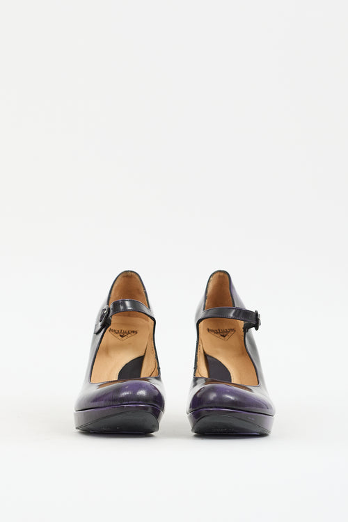 John Fluevog Purple 
Black Leather Elizabeth Mary Jane Pump