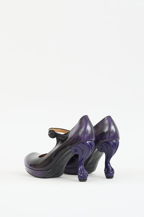 John Fluevog Purple 
Black Leather Elizabeth Mary Jane Pump