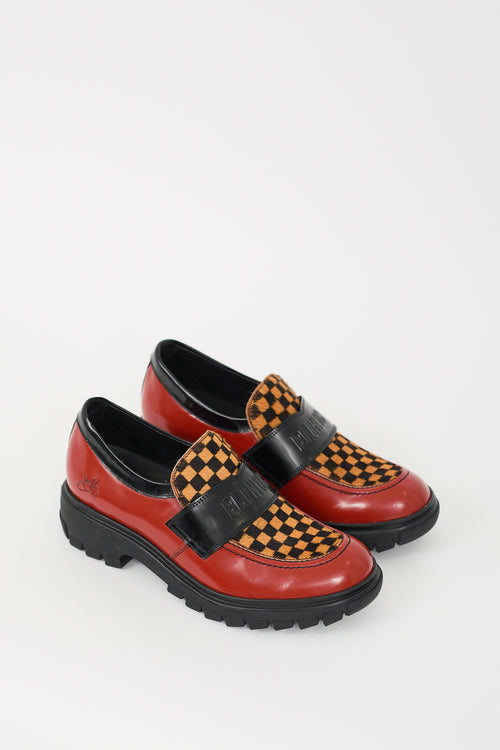 John Fluevog Red Leather 
Multi Hair Linggo Loafer