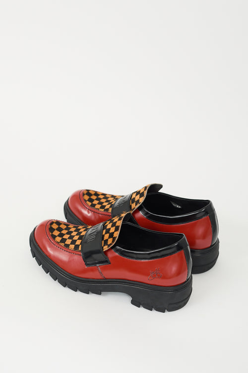 John Fluevog Red Leather 
Multi Hair Linggo Loafer