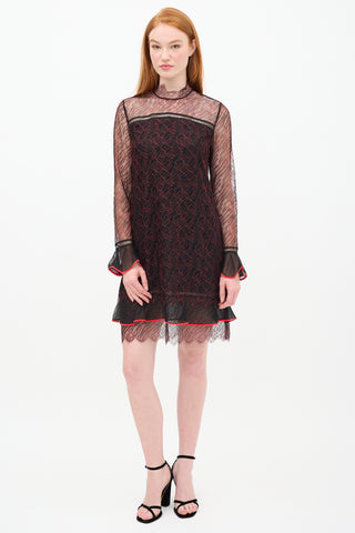 Jonathan Simkhai Black 
Red Silk Lace Shift Dress