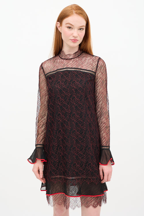 Jonathan Simkhai Black 
Red Silk Lace Shift Dress