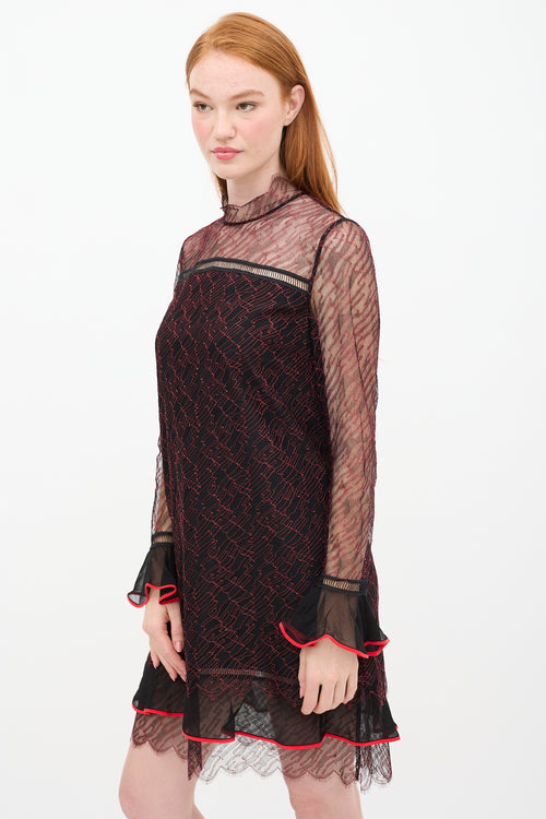 Jonathan Simkhai Black 
Red Silk Lace Shift Dress