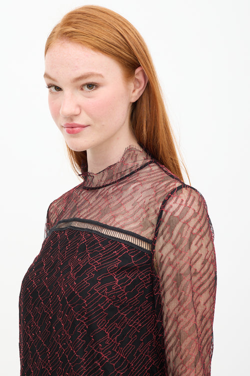 Jonathan Simkhai Black 
Red Silk Lace Shift Dress