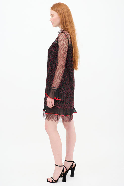 Jonathan Simkhai Black 
Red Silk Lace Shift Dress