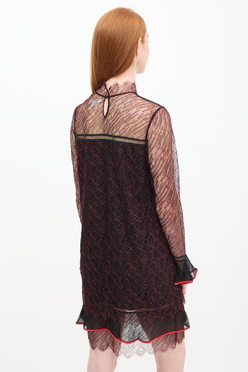 Jonathan Simkhai Black 
Red Silk Lace Shift Dress