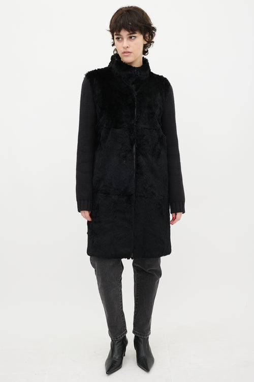 Joseph Black Wool Knit 
Fur Coat