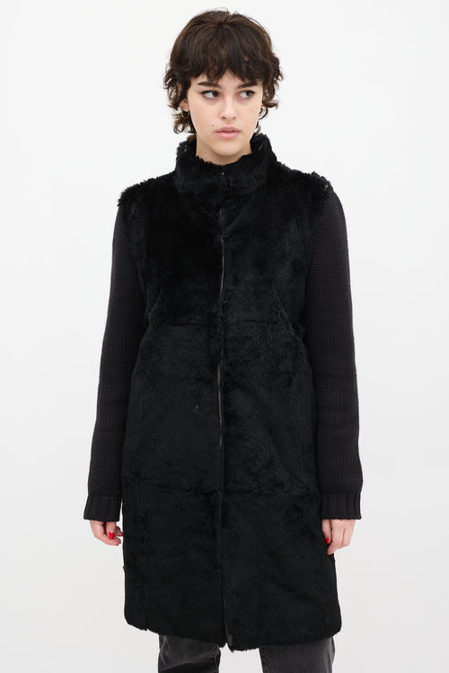 Joseph Black Wool Knit 
Fur Coat