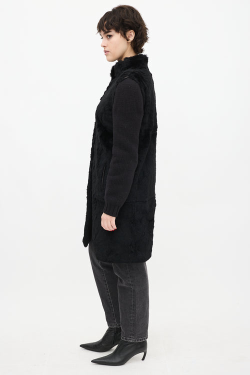 Joseph Black Wool Knit 
Fur Coat