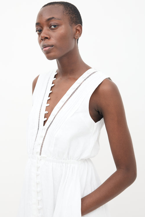 Joslin White Linen Buttoned V-Neck Dress