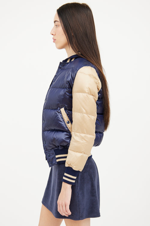 Junya Watanabe Blue 
Beige Puffer Bomber Jacket