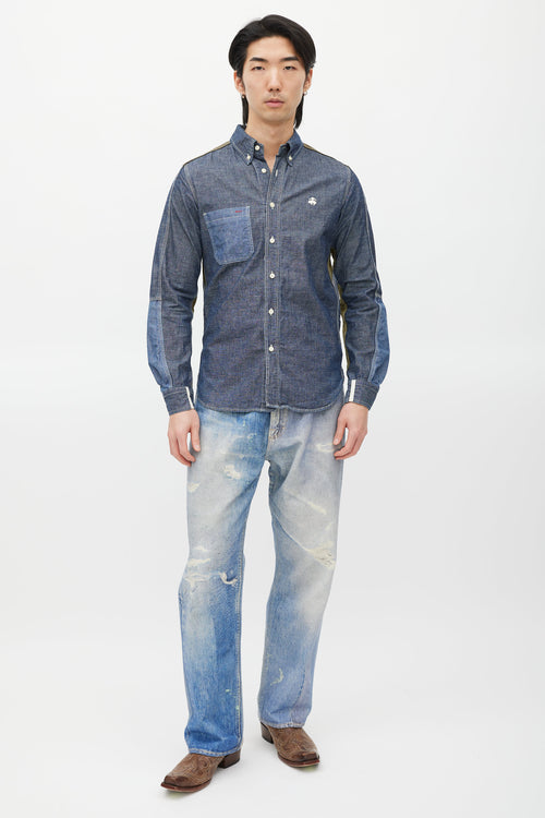 Junya Watanabe Blue 
Green Panelled Chambray Shirt