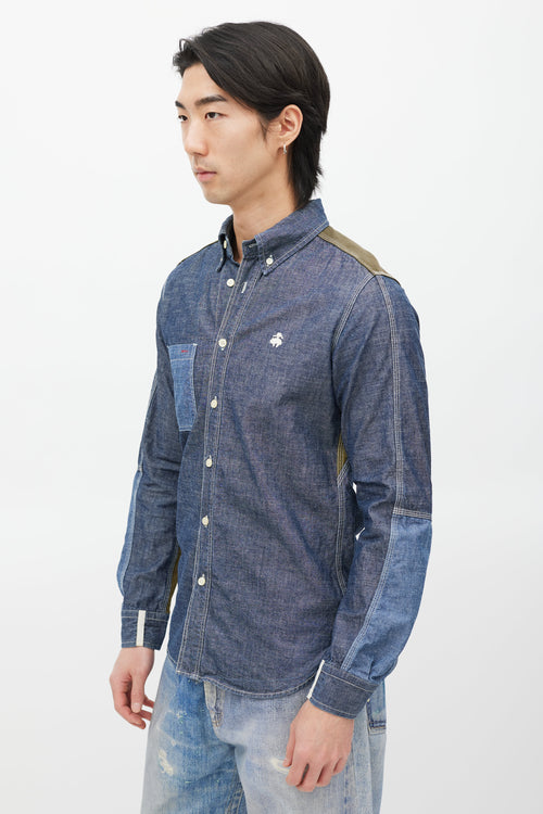 Junya Watanabe Blue 
Green Panelled Chambray Shirt