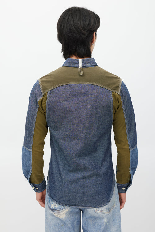 Junya Watanabe Blue 
Green Panelled Chambray Shirt