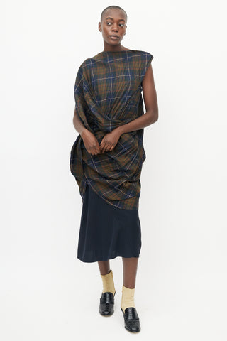 Junya Watanabe Blue 
Green Pleated Plaid Top