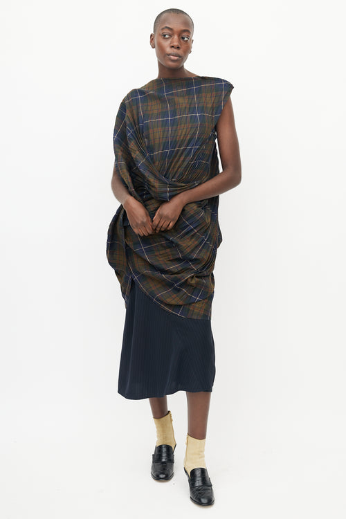 Junya Watanabe Blue 
Green Pleated Plaid Top