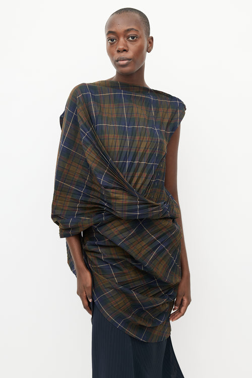 Junya Watanabe Blue 
Green Pleated Plaid Top