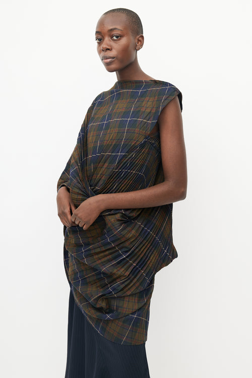 Junya Watanabe Blue 
Green Pleated Plaid Top