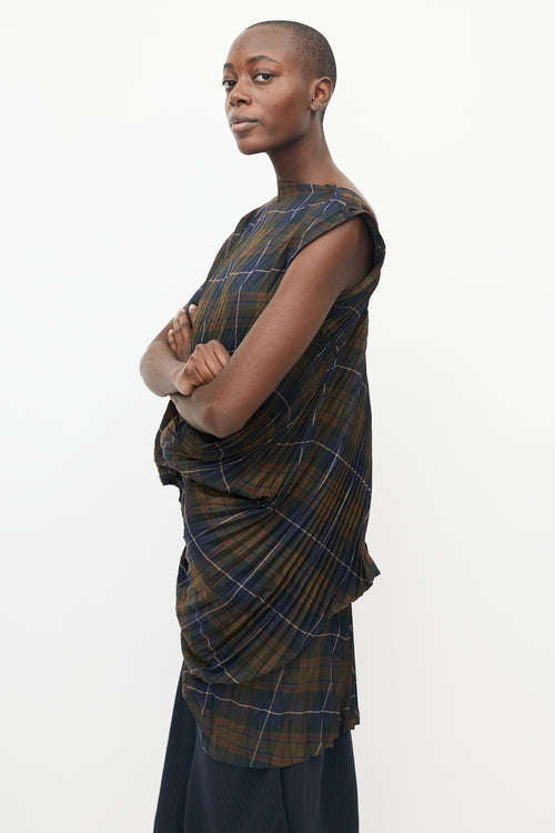 Junya Watanabe Blue 
Green Pleated Plaid Top