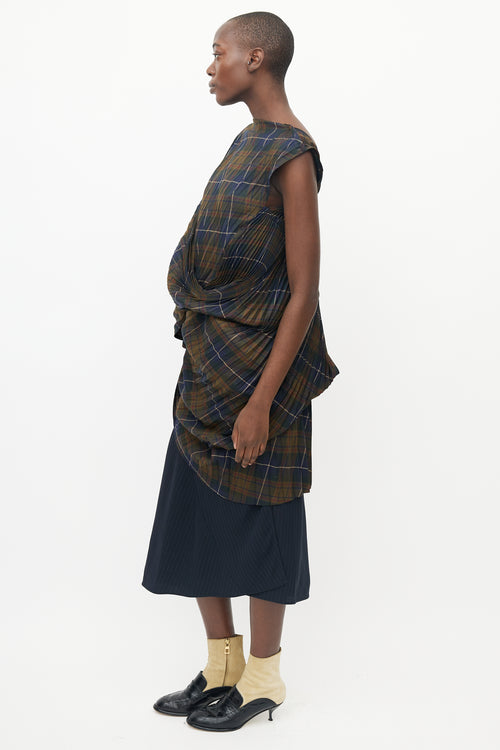 Junya Watanabe Blue 
Green Pleated Plaid Top