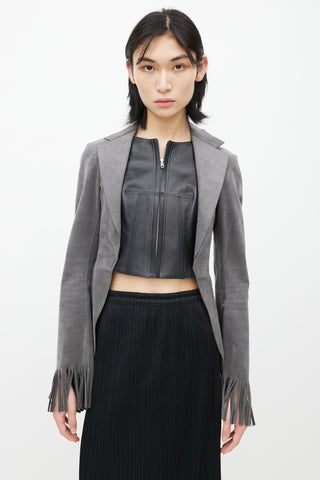 Junya Watanabe Grey 
Black Leather Vest Fringe Blazer